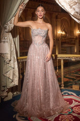  A-line gown features a strapless reverse sweetheart neckline and a sheer bodice adorned with crystal-beaded appliqué 