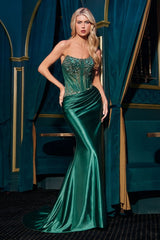 fitted gown features a strapless scoop neckline and a corset bodice adorned with crystal lace embellishments