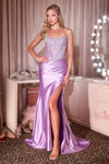 fitted gown features a strapless scoop neckline and a corset bodice adorned with crystal lace embellishments
