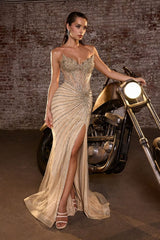 fitted strapless gown, featuring a deep V-neckline and sheer structured bodice adorned with a linear beaded