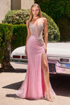  fitted strapless gown, featuring a deep V-neckline and sheer structured bodice adorned with a linear beaded motif