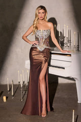 fitted gown features a fully embellished corset bodice adorned with crystal beading and structured boning