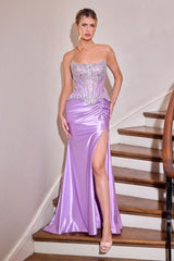  fitted gown features a fully embellished corset bodice adorned with crystal beading and structured boning 