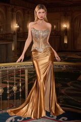 fitted gown features a fully embellished corset bodice adorned with crystal beading and structured boning