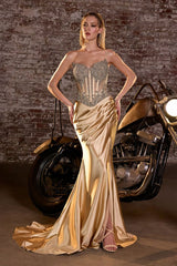  fitted gown showcases a strapless sweetheart neckline paired with a sheer crystal-embellished corset 