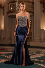  fitted gown showcases a strapless sweetheart neckline paired with a sheer crystal-embellished corset 