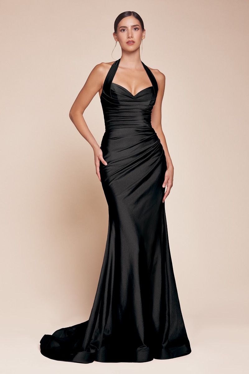 fitted stretch satin dress, featuring a halter sweetheart neckline and a gathered waistline