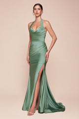 fitted stretch satin dress, featuring a halter sweetheart neckline and a gathered waistline