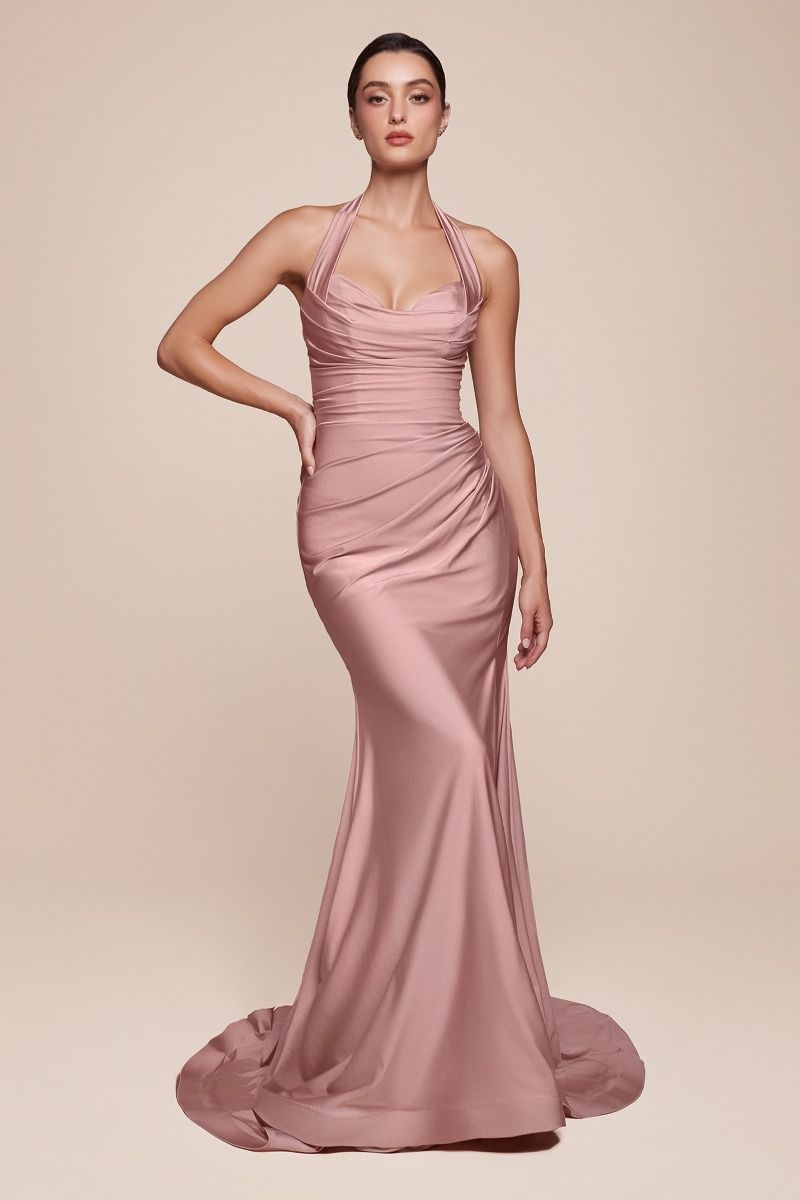fitted stretch satin dress, featuring a halter sweetheart neckline and a gathered waistline