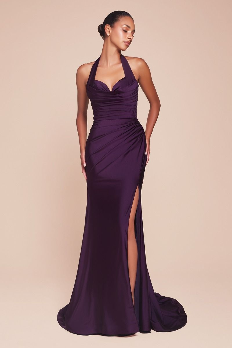 fitted stretch satin dress, featuring a halter sweetheart neckline and a gathered waistline