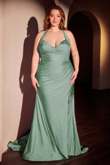 fitted stretch satin dress, featuring a halter sweetheart neckline and a gathered waistline
