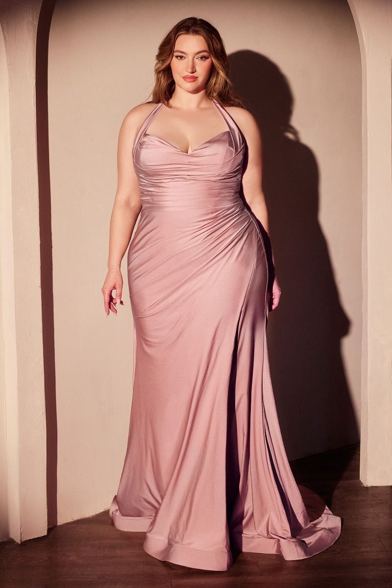 fitted stretch satin dress, featuring a halter sweetheart neckline and a gathered waistline