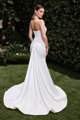 fitted stretch satin dress, featuring a halter sweetheart neckline and a gathered waistline