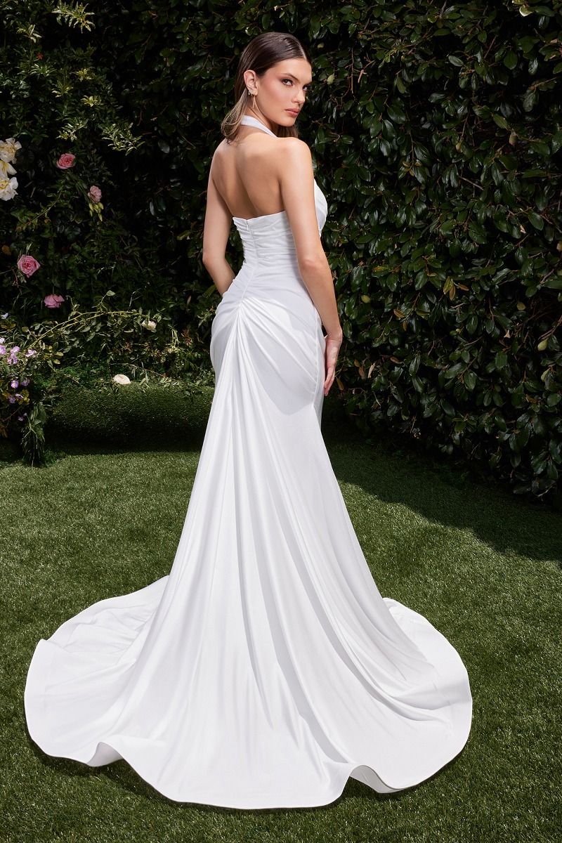 fitted stretch satin dress, featuring a halter sweetheart neckline and a gathered waistline