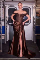 off the shoulder lace embellished gown