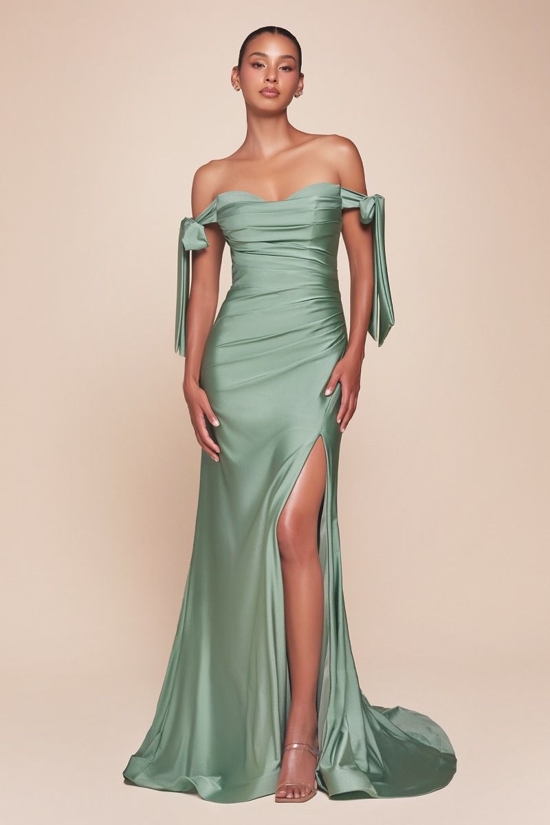  alluring off-the-shoulder neckline framed by elongated ties and a floor- pooling fishtail hem defined by a dramatic front slit 
