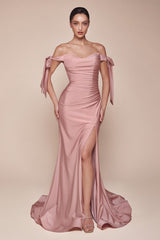  alluring off-the-shoulder neckline framed by elongated ties and a floor- pooling fishtail hem defined by a dramatic front slit 