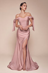  alluring off-the-shoulder neckline framed by elongated ties and a floor- pooling fishtail hem defined by a dramatic front slit 