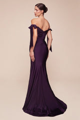  alluring off-the-shoulder neckline framed by elongated ties and a floor- pooling fishtail hem defined by a dramatic front slit 