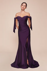  alluring off-the-shoulder neckline framed by elongated ties and a floor- pooling fishtail hem defined by a dramatic front slit 