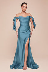  alluring off-the-shoulder neckline framed by elongated ties and a floor- pooling fishtail hem defined by a dramatic front slit 