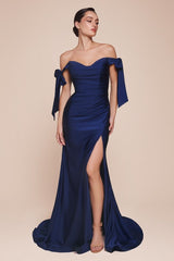  alluring off-the-shoulder neckline framed by elongated ties and a floor- pooling fishtail hem defined by a dramatic front slit 