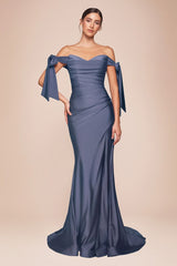  alluring off-the-shoulder neckline framed by elongated ties and a floor- pooling fishtail hem defined by a dramatic front slit 