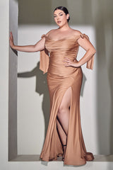  alluring off-the-shoulder neckline framed by elongated ties and a floor- pooling fishtail hem defined by a dramatic front slit 