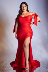  alluring off-the-shoulder neckline framed by elongated ties and a floor- pooling fishtail hem defined by a dramatic front slit 