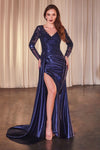 satin gown with a fitted silhouette and thigh-high slit. The dress features sheer long sleeves embellished with intricate beadwork and a plunging V-neckline.