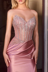 strapless crystal embellished satin maxi gown with side slit