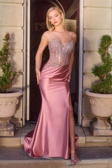 strapless crystal embellished satin maxi gown with side slit