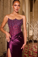 fitted gown featuring a strapless reverse sweetheart neckline and a crystal-beaded bodice