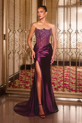 fitted gown featuring a strapless reverse sweetheart neckline and a crystal-beaded bodice
