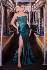 fitted gown featuring a strapless reverse sweetheart neckline and a crystal-beaded bodice