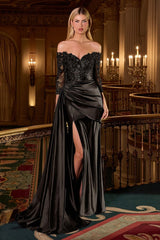 fitted gown features an off-the-shoulder neckline, three-quarter sleeves, and a modest closed back