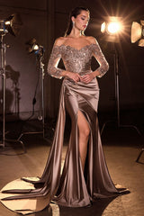 fitted gown features an off-the-shoulder neckline, three-quarter sleeves, and a modest closed back