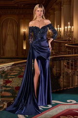  fitted gown features an off-the-shoulder neckline, three-quarter sleeves, and a modest closed back 