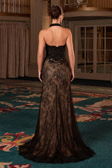 fitted gown with a strapless neckline, corset-style bodice, and sequin detailing.