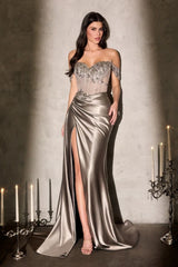 fitted gown, designed with a shimmering off-the-shoulder neckline and a delicately beaded corset bodice