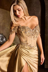 fitted gown, designed with a shimmering off-the-shoulder neckline and a delicately beaded corset bodice