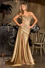 fitted gown, designed with a shimmering off-the-shoulder neckline and a delicately beaded corset bodice