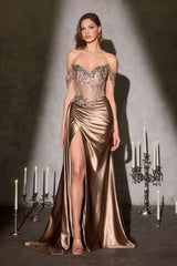 fitted gown, designed with a shimmering off-the-shoulder neckline and a delicately beaded corset bodice