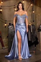 fitted gown, designed with a shimmering off-the-shoulder neckline and a delicately beaded corset bodice