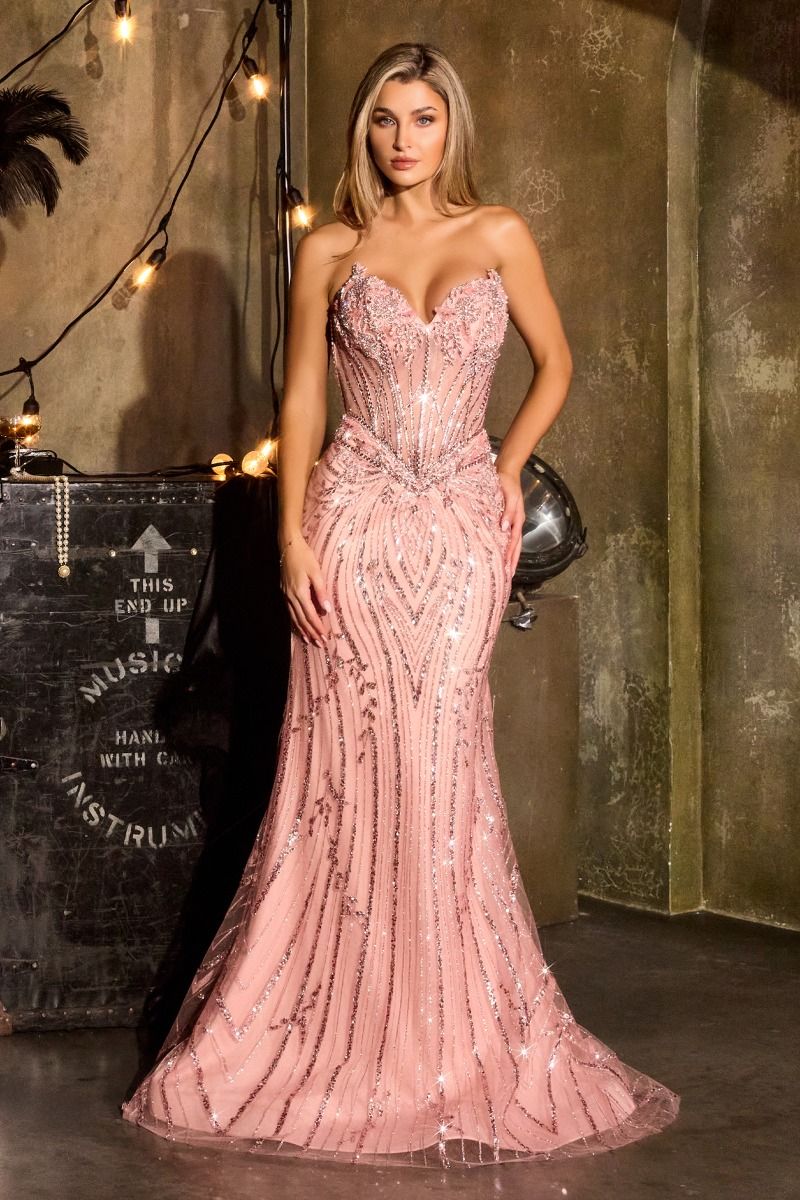 strapless sweetheart neckline leads into an ornate, beaded bodice featuring shimmering linear and floral motifs that trail seamlessly into the skirt.