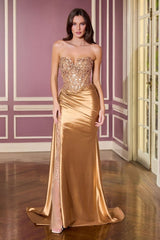itted gown showcases a dramatic sweetheart neckline and a richly beaded bodice
