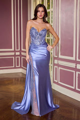 itted gown showcases a dramatic sweetheart neckline and a richly beaded bodice