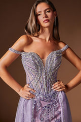 Reina Embellished Off The Shoulder Gown (English Violet)