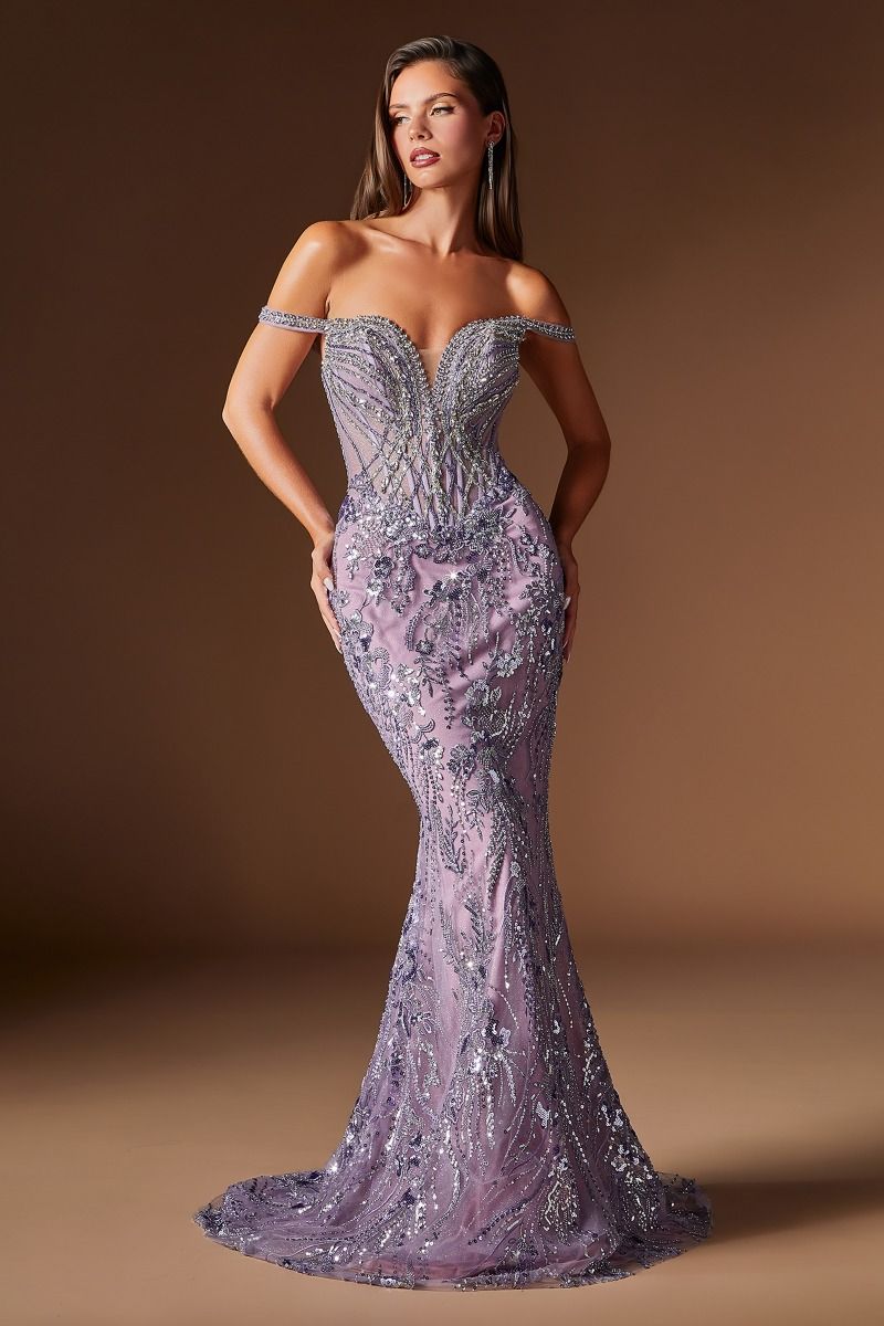 Reina Embellished Off The Shoulder Gown (English Violet)