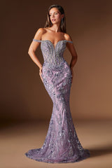 Reina Embellished Off The Shoulder Gown (English Violet)
